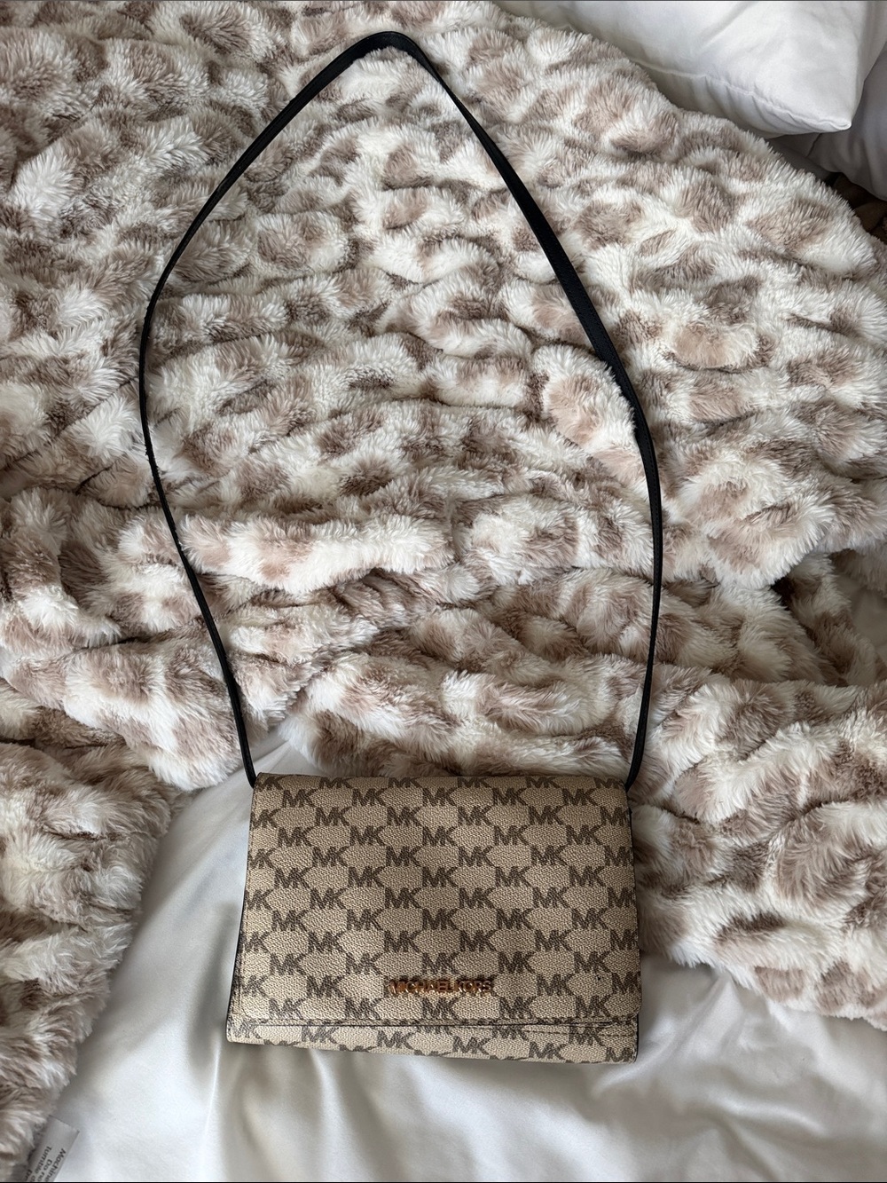 Michael Kors Beige MK Logo Crossbody with Black Strap and Gold Hardware